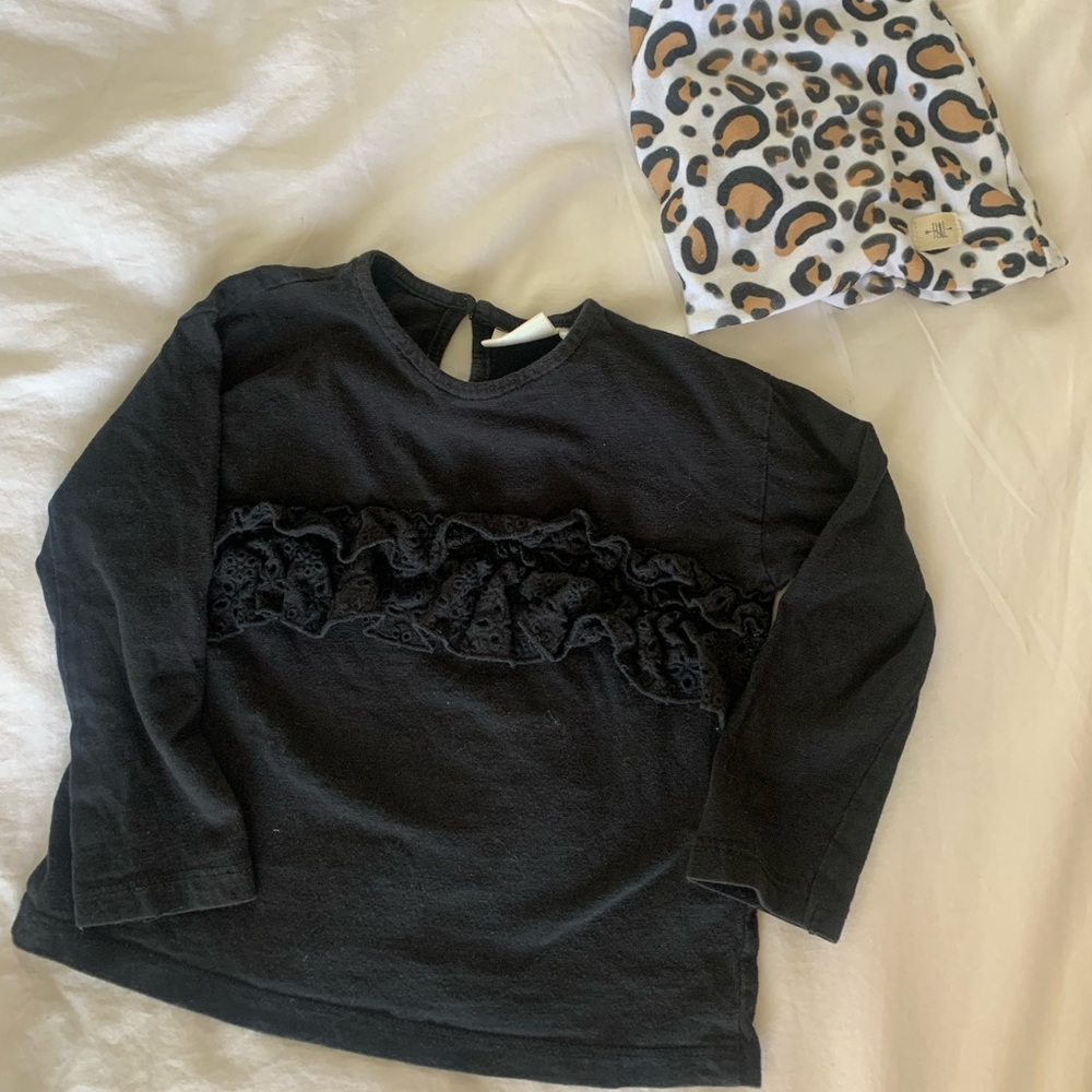 Zara kids black ruffled shirt with leopard beanie